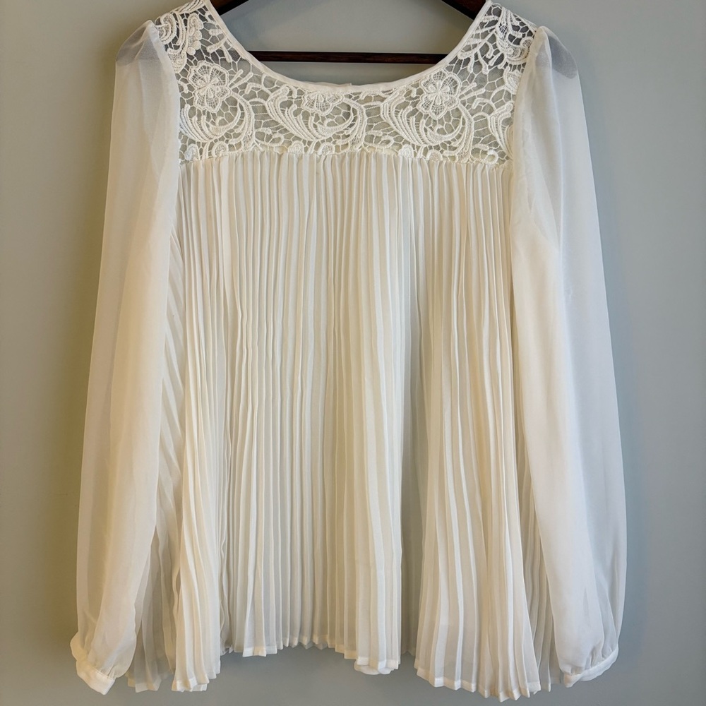 Sundance Lace Pleated Blouse Small Boho Cottagecore Ivory Sheer Sleeve